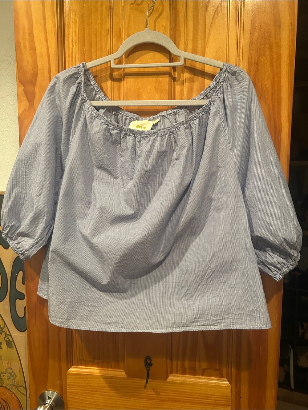 Maeve by Anthropologie Blue and White Pinstripe Off-Shoulder Peasant Blouse